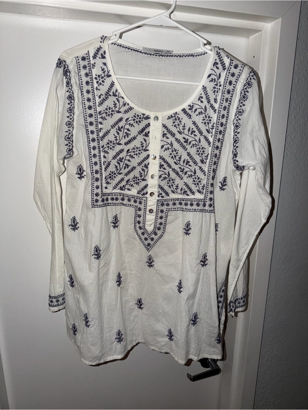 Subtle Luxury White Tunic with Navy Floral Embroidery S/M